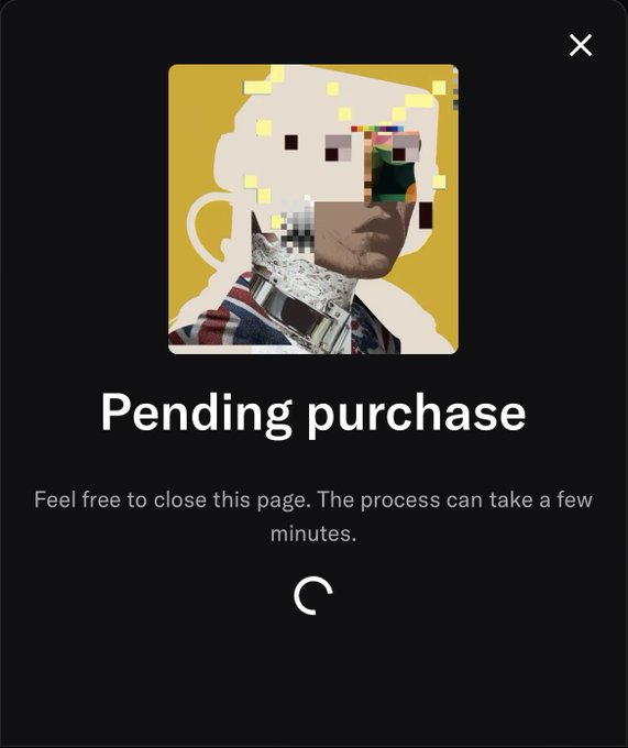 The image shows a digital pop-up notification displaying a pixelated, glitchy portrait of what appears to be a historical figure, with the text "Pending purchase" and a message reading "Feel free to close this page. The process can take a few minutes," indicating an ongoing transaction. The accompanying post references "@R3ORDR," suggesting this screenshot captures a user in the process of buying or claiming an NFT.