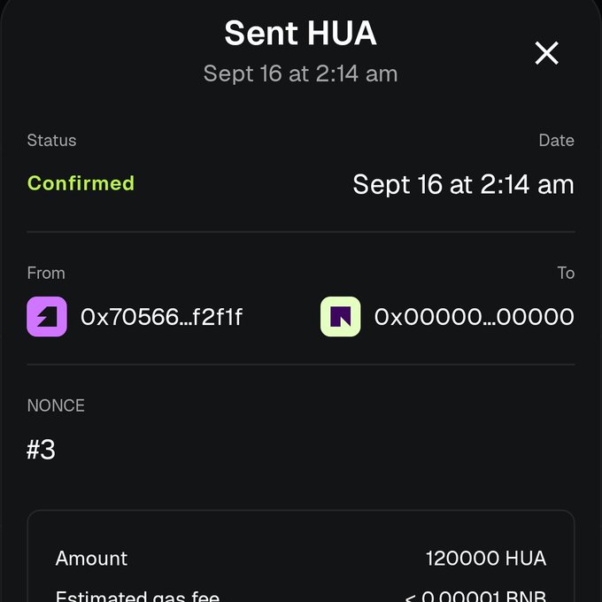 A screenshot of a confirmed cryptocurrency transaction showing 120,000 HUA tokens sent from address 0x70566...f2f1f to 0x00000...00000 on Sept 16 at 2:14 am, with a nonce of #3 and estimated gas fee under 0.00001 BNB. The image appears to serve as proof of a token distribution transaction for the $HUA airdrop referenced in the accompanying post.