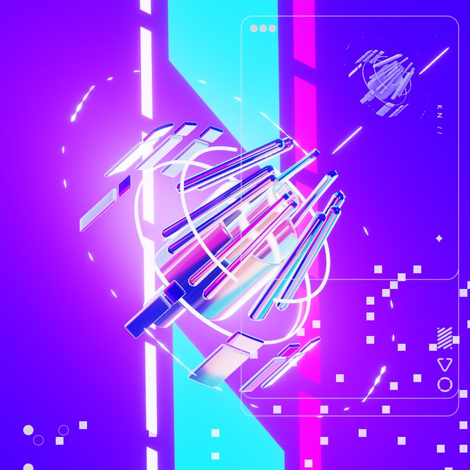 A vibrant purple, cyan, and pink digital artwork features a 3D geometric structure with floating rectangular bars and abstract neon shapes.