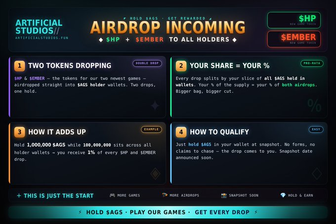 An infographic from Artificial Studios details an 'AIRDROP INCOMING' event for $HP and $EMBER tokens to $AGS holders.