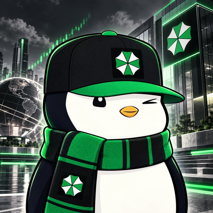 Digital illustration of a cartoon penguin wearing a black and green baseball cap and scarf with a green cross/umbrella logo, set against a futuristic cityscape with a green stock chart in the background.