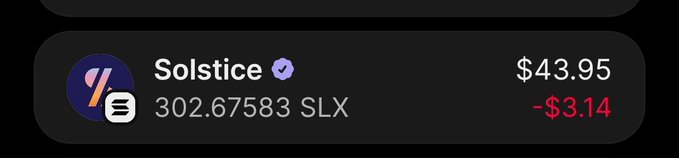 The image displays a price card for Solstice (SLX) showing a current price of $43.95 with a daily loss of -$3.14, and a balance of 302.67583 SLX tokens. This relates to the post as the user claims $43 worth of their vested SLX tokens, which at the current price would represent roughly 0.98 tokens from their total holdings of 302.68 SLX.