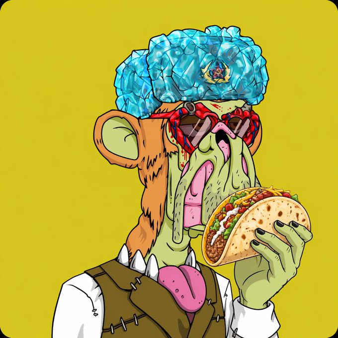 A cartoon illustration of a grotesque green-skinned monkey-like creature with a crystalline blue brain visible through its skull, wearing red glasses and eating a taco.