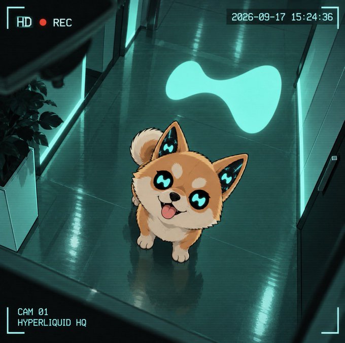 An anime-style digital artwork with a security camera overlay (labeled 'HD REC', '2026-09-17 15:24:36', 'CAM 01 HYPERLIQUID HQ') showing a cute Shiba Inu dog with glowing cyan eyes and ear markings, sitting on a polished floor in a futuristic hallway with a glowing Hyperliquid logo projected on the wall behind it.