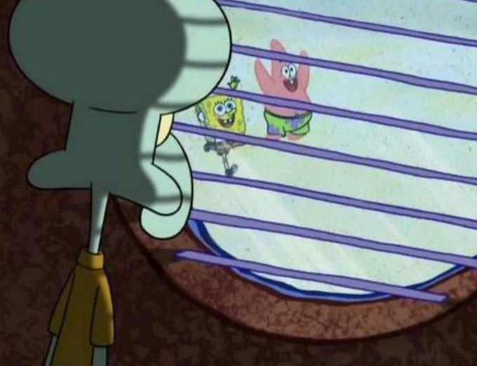 The image is a meme featuring Squidward looking through window blinds with an angry expression at SpongeBob and Patrick, who are seen cheerfully dancing or walking together outside on the beach. The post draws a parallel to crypto trading in your 20s, where Squidward represents the frustrated or angry feelings of someone watching others (represented by SpongeBob and Patrick) enjoying financial success, while you, the observer, feel left out or annoyed watching it unfold from the sidelines.