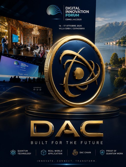 Promotional poster for the Digital Innovation Forum at ComoLake 2025 (14-17 Ottobre 2025, Villa Erba, Cernobbio) featuring a gold DAC coin and listing features like Quantum Technology and DAC Chain.