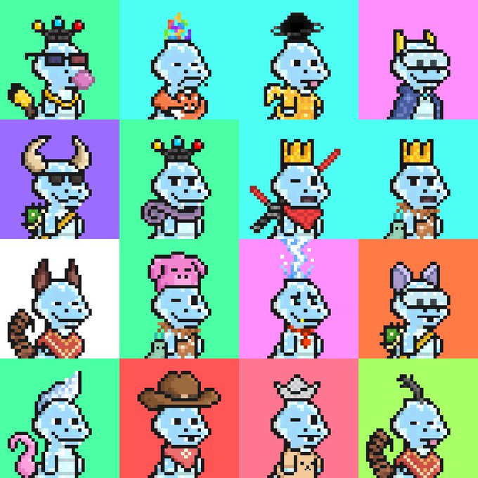 A colorful 4x4 grid of pixel art characters depicting various stylized blue creature figures wearing different hats, costumes, and accessories against bright multicolored backgrounds.