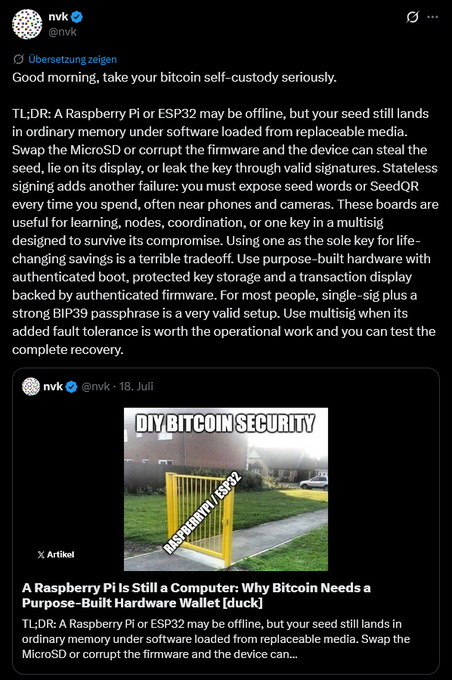 A tweet by nvk (@nvk) discussing Bitcoin self-custody and warning against using Raspberry Pi or ESP32 as sole key storage, recommending purpose-built hardware wallets.