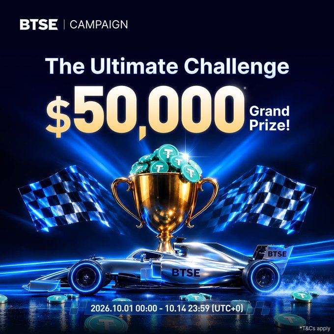 A promotional banner for a BTSE Campaign titled 'The Ultimate Challenge' featuring a $50,000 Grand Prize, with a golden trophy, racing flags, and an F1-style car, running from 2026.10.01 to 10.14 (UTC+0).
