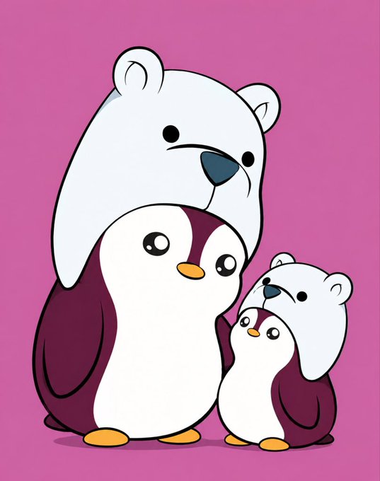 Cartoon illustration of two penguins in polar bear hoodies hugging on a pink background, with the larger penguin on the left and a smaller one on the right.