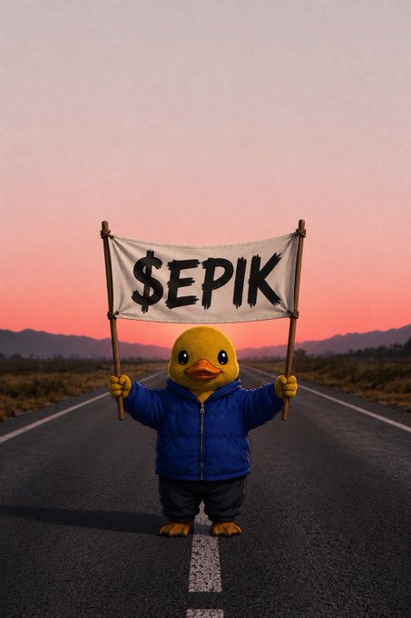 An animated yellow duck wearing a blue puffer jacket stands on a desert highway holding a banner that reads '$EPIK' against a pink sunset sky.