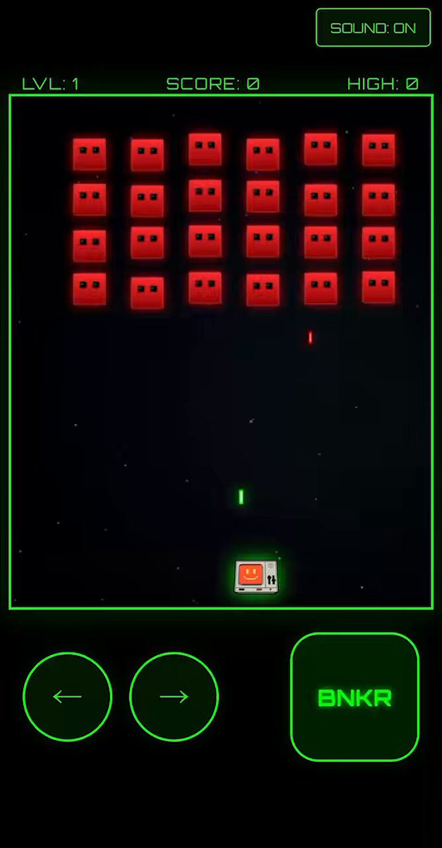 The image shows a video game screen displaying a game called "BNKR", which stands for "Bnkr Bomb". The game appears to be a space shooter, as indicated by the green background of the screen. The player's objective is to detonate bombs and destroy enemy spaceships in order to progress through the game. The image also includes text that reads "SOUND SCREEN" and "LIMIT 1", suggesting that the player has reached a certain level or milestone within the game, possibly requiring them to press a specific button on their controller for sound effects or to proceed further.