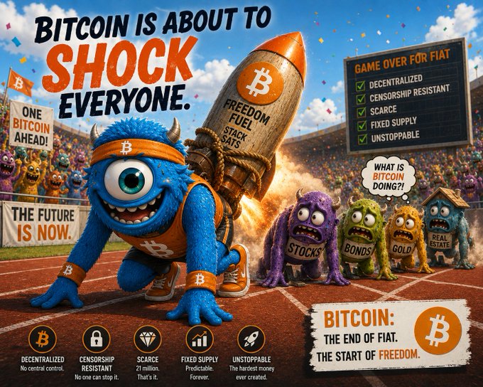 A promotional graphic for Bitcoin with text 'BITCOIN IS ABOUT TO SHOCK EVERYONE' showing a blue monster character wearing a Bitcoin headband and holding a Bitcoin rocket, with smaller monsters labeled 'STOCKS', 'BONDS', 'GOLD', and 'REAL ESTATE' watching.