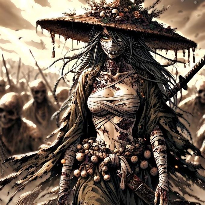 The image features a woman dressed as a werewolf with a large hat and bandages wrapped around her body. She appears to be in a battle-weary state, possibly from a war or conflict. The caption for this image reads "My entry for the @zargates x @pvp_vibe nft contest! In a world where war erased kingdoms and the dead refused to rest, there exists a warrior feared not just by the living, but by death itself".