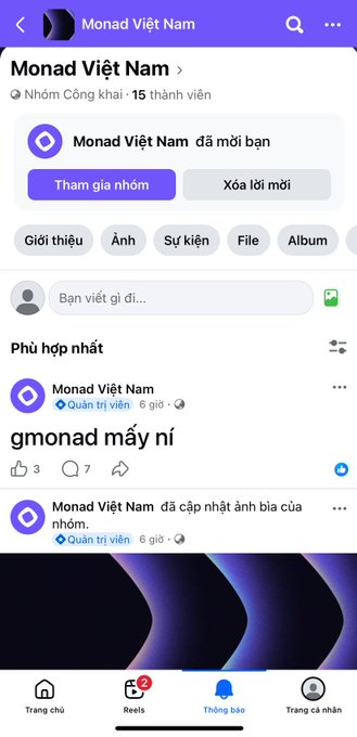 A mobile screenshot of a Facebook group titled 'Monad Việt Nam', showing a post that says 'gmonad mây ní' and a group cover image.