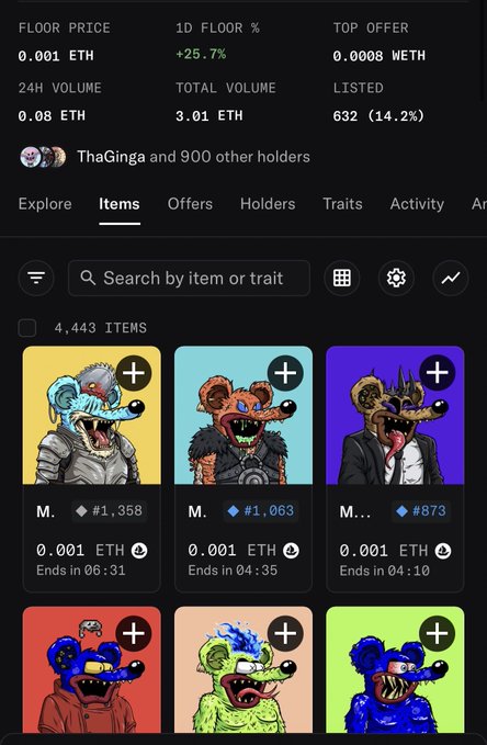 A dark-themed NFT marketplace interface displaying cartoon rat characters with various prices and ETH values.