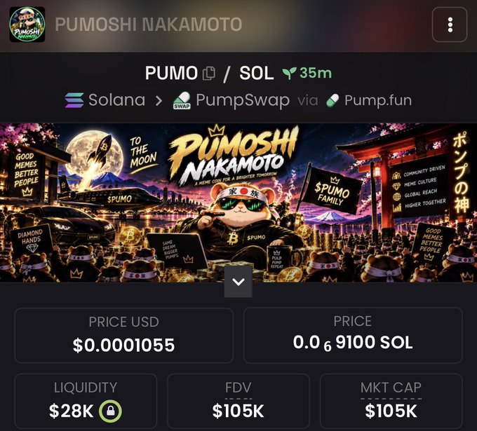 Screenshot of the PUMOSHI NAKAMOTO ($PUMO/SOL) token page on Pump.fun, showing a current price of $0.0001055 (0.00009100 SOL), $28K liquidity, and a $105K FDV/market cap. The image illustrates the giveaway context, as the $35 SOL prize would be a meaningful reward relative to the token's current price and market cap.