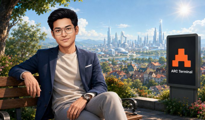 An AI-generated portrait of a young man in a navy blazer and glasses sitting on a park bench, with a futuristic city skyline in the background and a digital kiosk labeled 'ARC Terminal'.