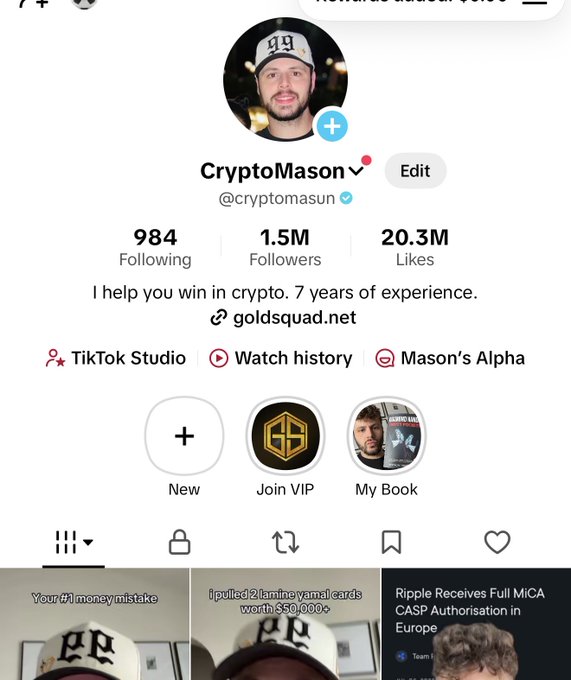 The image shows the TikTok profile of "CryptoMason" (@cryptomasun) with 1.5M followers, 20.3M likes, and bio stating "I help you win in crypto. 7 years of experience." The profile promotes his content creation platform, fitting the post about sharing a TikTok/Reel about the $MASON memecoin story.