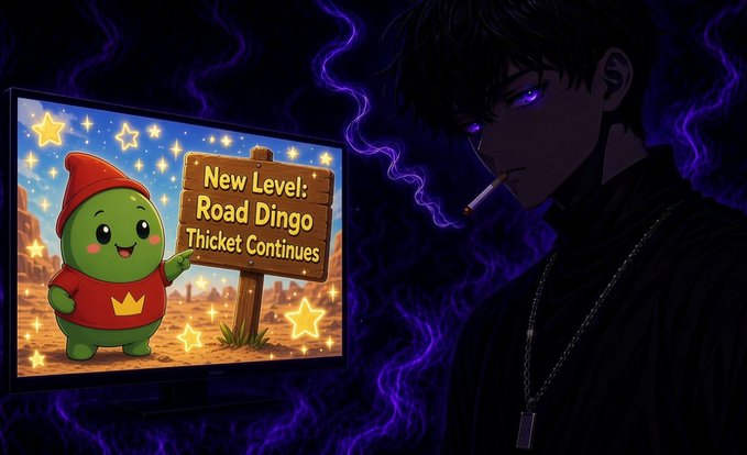 A dark anime-style illustration features a purple-eyed character smoking, looking at a screen displaying a cute green creature next to a wooden sign reading 'New Level: Road Dingo Thicket Continues.'