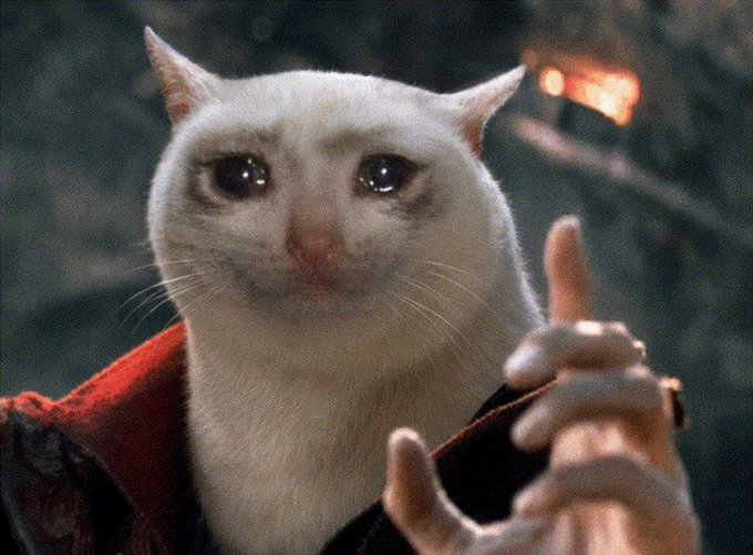 A white cat with large, tearful eyes gives a thumbs-up gesture, appearing to be in a cinematic scene with warm lighting in the background.