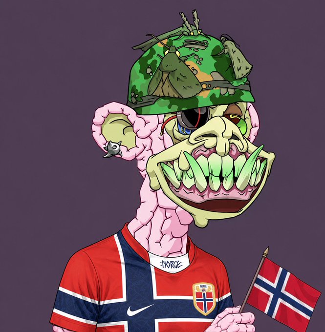 A digital illustration of a grotesque, monstrous face wearing a camouflage helmet and a Norwegian national football team jersey, holding a small Norwegian flag.