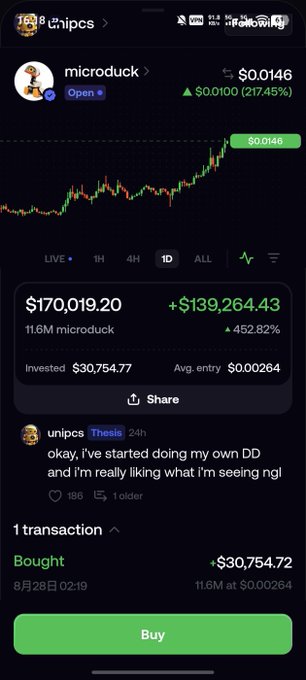 A Robinhood screenshot showing the microduck token at $0.0146, up 217.45% (+$139,264.43) on a $30,754.77 investment, alongside a comment from "unipcs" calling it "Thesis" and saying "okay, i've started doing my own DD and i'm really liking what i'm seeing ngl" — supporting the post's claim of riding the wave alongside unipcs.