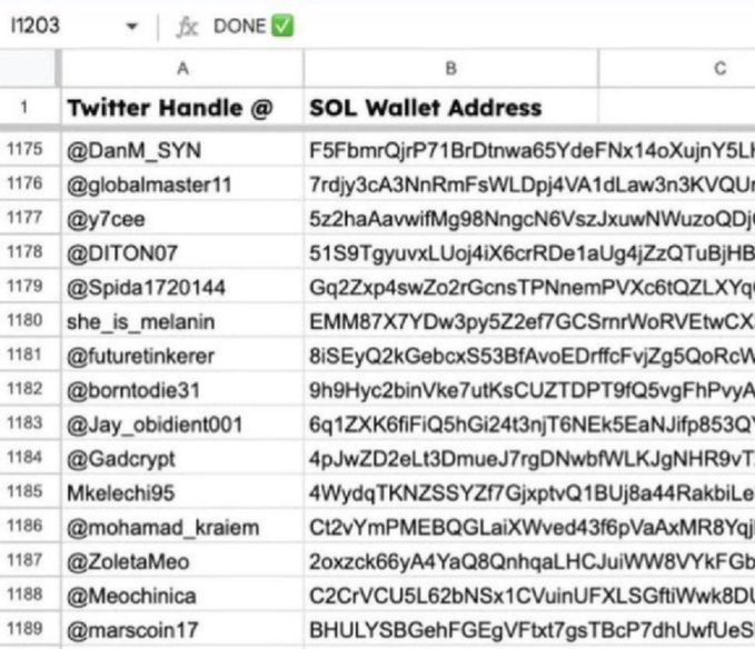 The image shows a spreadsheet listing Twitter handles and SOL wallet addresses, likely collected for an airdrop as indicated by the accompanying post. This visual compilation of user data directly supports the announcement about collecting addresses and the bonus airdrop.