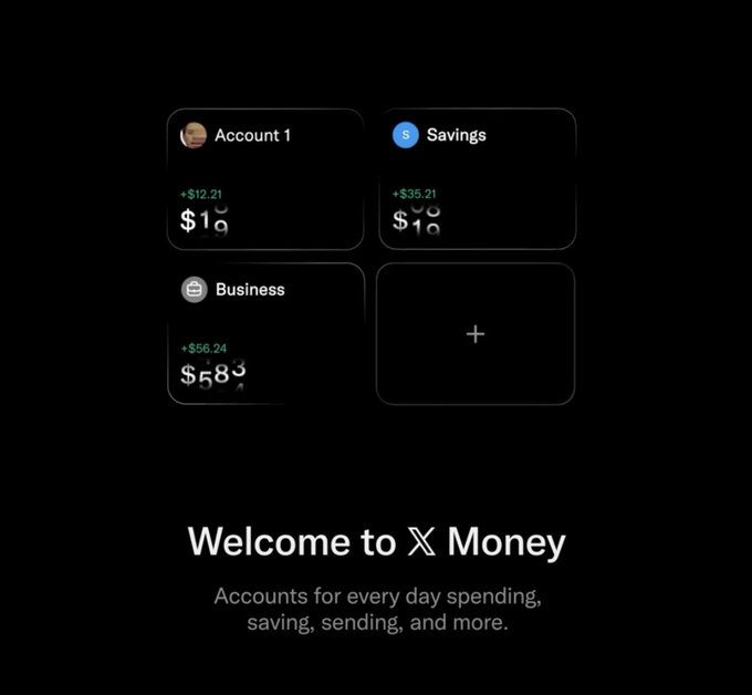 A welcome screen for "X Money" displaying three account tiles—Account 1 ($1... with +$12.21), Savings ($1... with +$35.21), and Business ($583... with +$56.24)—alongside an option to add a new account, confirming the launch of the new X financial service.