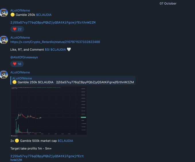 A screenshot of a Discord channel named 'ALotOfMeme' discussing cryptocurrency trading and gambling on $CLAUDIA tokens.