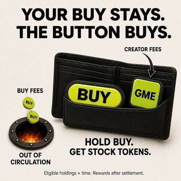 The image is a promotional graphic for "The Button Letter," featuring a black wallet holding a yellow "BUY" token and a yellow "GME" stock token, with a fiery furnace labeled "OUT OF CIRCULATION" symbolizing buy fees being burned. Bold text reads "YOUR BUY STAYS. THE BUTTON BUYS." with the tagline "HOLD BUY. GET STOCK TOKENS." and a note that creator fees fund stock purchases distributed to eligible $BUY holders.