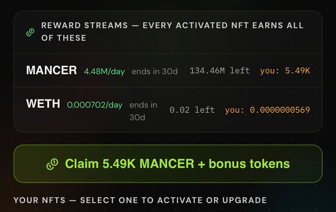 A dark interface displays reward streams information, showing earning rates for MANCER (4.48M/day) and WETH (0.000702/day), with a green button to 'Claim 5.49K MANCER + bonus tokens'.
