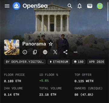An OpenSea NFT marketplace page displaying a collection called 'Panorama' by deployer.yigitdu..., built on Ethereum, showing stats including a floor price of 0.189 ETH and 86 unique owners.