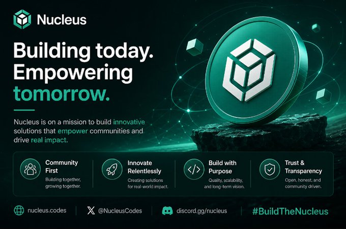 A promotional graphic for "Nucleus" with the tagline "Building today. Empowering tomorrow." featuring four pillars: Community First, Innovate Relentlessly, Build with Purpose, and Trust & Transparency.