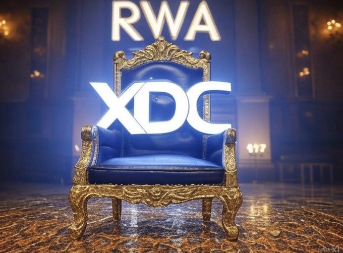 An ornate blue and gold throne sits in a grand hall, overlaid with glowing text reading 'RWA XDC'.