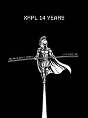 The image features a black and white illustration of a man dressed as a Roman soldier standing on top of a rocket ship, with the words "XRP 14 years" written above him. The man appears to be holding a sword while balancing himself on one leg. The background is dark, emphasizing the contrast between the man's costume and his surroundings.