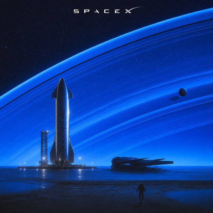 The image features a man walking along the beach, with a large rocket ship in the background that has the word "Space" written on its side. The sky above them is blue, and there are two planets visible - one larger than the other. The man appears to be looking up at the rocket ship or possibly admiring the view of the planets from the shoreline.
