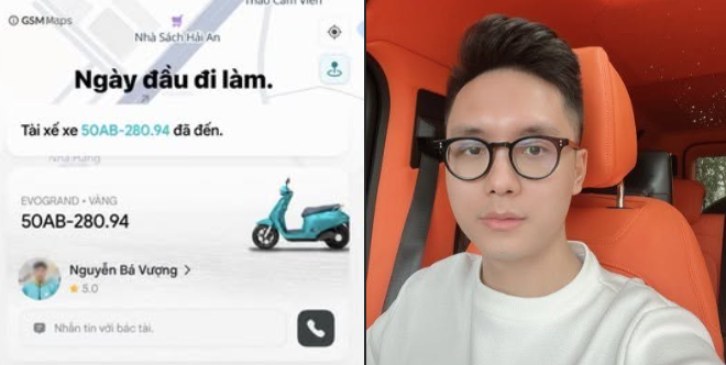 A split-screen image showing a man with glasses in an orange car interior on the right, and a mobile app interface on the left showing a scooter ride booking with the text 'Ngày đầu đi làm.' and license plate '50AB-280.94'.