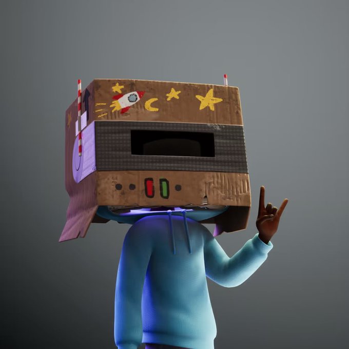 A 3D rendered character in a blue hoodie with a cardboard box for a head, decorated with stars and a moon, making a rock hand gesture against a gray background.