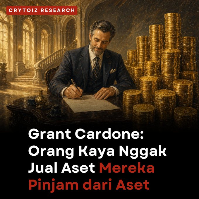An illustrated graphic of a wealthy man in a suit signing a document beside stacks of gold coins in an opulent mansion. The text reads 'CRYTOIZ RESEARCH' and 'Grant Cardone: Orang Kaya Nggak Jual Aset Mereka Pinjam dari Aset'.