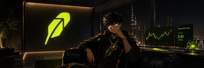 An anime-style character in a dark luxurious setting with a glowing green Robinhood logo on the wall and a screen displaying 'ROBIN HOOD CRASH' with STOCK at 2.41 (-2.41%).