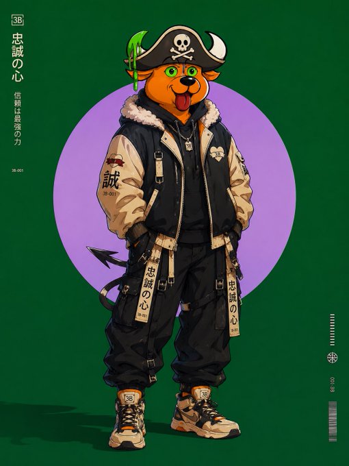 The image features a cartoon character, possibly a dog or a bulldog, dressed up as a pirate with a jacket, pants, and boots. The character has an orange face and green eyes, giving them a unique appearance. They are standing against a green background that is outlined in purple. The post includes text such as "Good morning NFTs おはよう Welcome to Saturday! Time to vibe out and enjoy the weekend What are we minting today?".