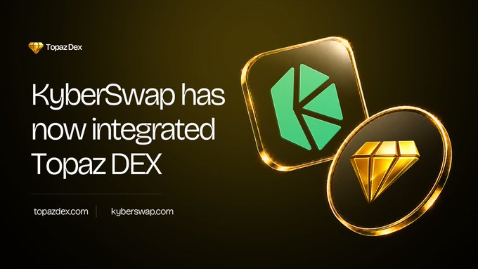 The image features two gold coins, one larger than the other, floating above a black background. Below them, there's text that reads "KyberSwap has now integrated Topaz DEX", indicating that the integration of these coins is now available through KyberSwap. The post also mentions that this integration allows users to access Topaz DEX liquidity with just one click.