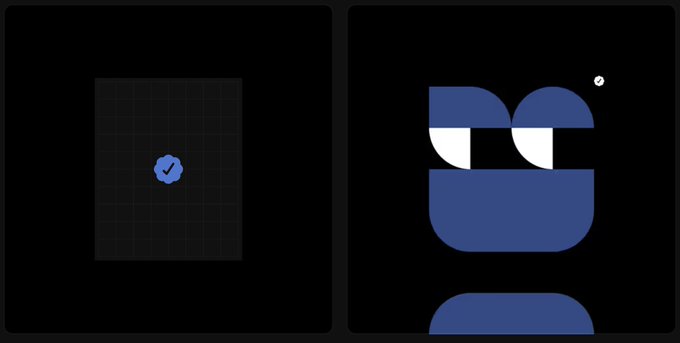 Two side-by-side dark panels; the left shows a small blue 3D model on a grid, and the right shows a close-up of a blue, blocky character with large eyes.