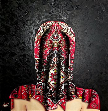 A hooded figure wearing an ornate red paisley-patterned garment stands against a dark textured background, with the watermarked text "TRANSIENT LAB" overlaying the image, reflecting the post's mention of waiting for a special owner on Transient Lab. The mysterious figure symbolizes the artwork still awaiting its purchase.