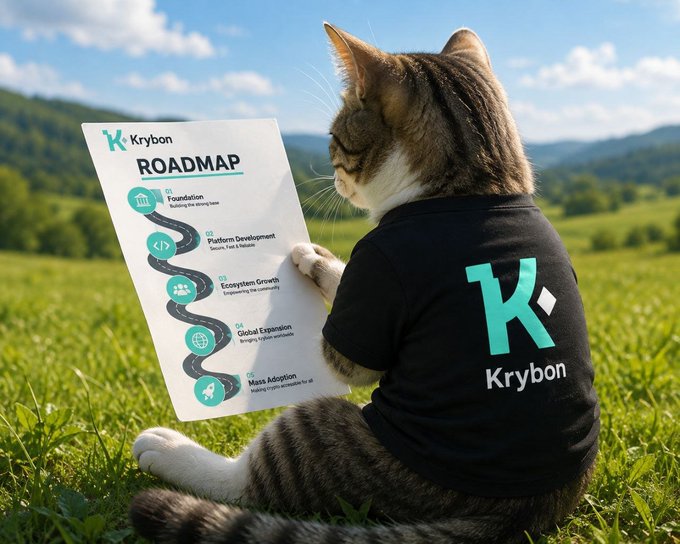 A tabby cat wearing a black "Krybon" t-shirt sits in a grassy field examining a "Krybon ROADMAP" document featuring five numbered milestones: 01 Foundation, 02 Platform Development, 03 Ecosystem Growth, 04 Global Expansion, and 05 Mass Adoption, visually teasing the upcoming KYB Token Roadmap announcement for the Krybon community.