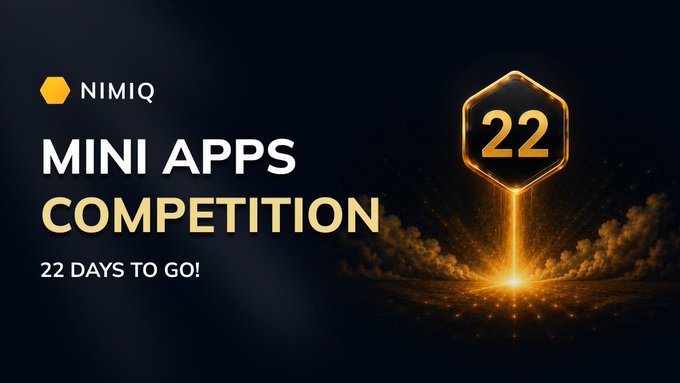 The image features a banner for a competition with the title "Mini Apps Competition" written in white text at the top of the screen. The banner also includes a gold hexagon symbol, which represents the number 22. Below this, there's a message that reads "22 days to go. Go! You keep full ownership of everything you build. We help you ship it, distribute it and even fund it." This suggests that the competition is for app developers who want to create their own Mini Apps. The image also includes a link to the competition website at the bottom right corner.