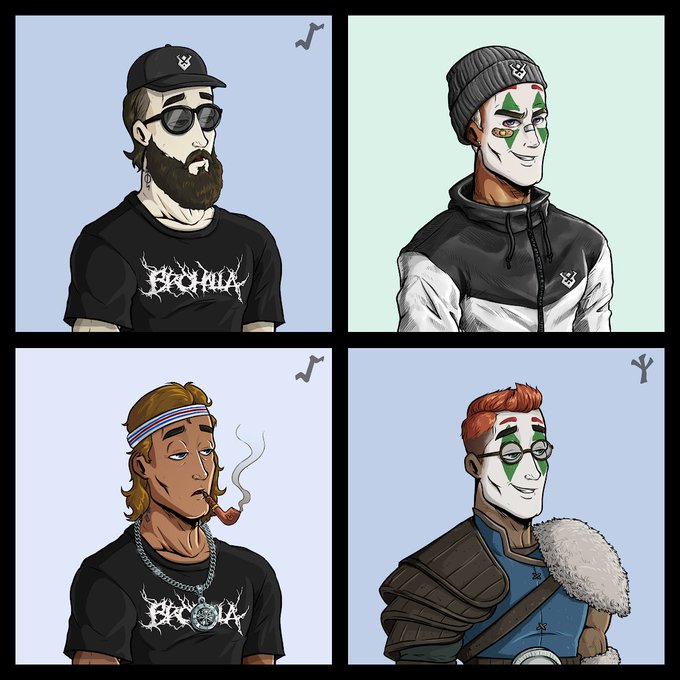 Four illustrated NFT character portraits are displayed in a grid, each representing a unique BroHalla NFT collectible—featuring diverse designs including a bearded man in a "BroHalla" black t-shirt and sunglasses, a beanie-wearing figure with green face paint, a pipe-smoking character with a headband, and an armored warrior with red hair and face paint, all wearing the BroHalla logo on their clothing. The image serves as a promotional giveaway post to celebrate the revival of the BroHalla NFT project.