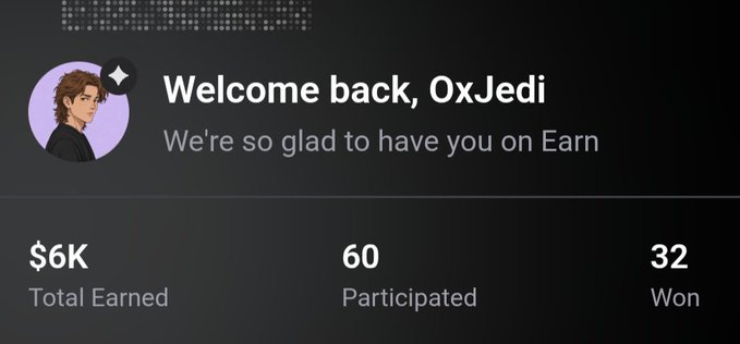 A dashboard from SuperteamEarn welcoming back user "OxJedi" with a profile picture, displaying $6K Total Earned, 60 Participated bounties, and 32 Won — matching the post's celebration of achieving their 32nd bounty win and 60th submission milestone.