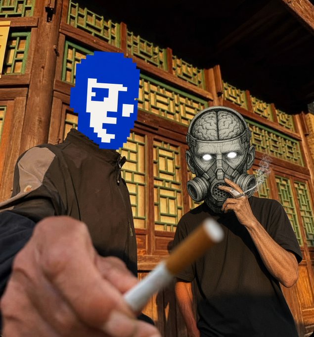 Two figures stand in front of an ornate wooden lattice building, with one holding a cigarette. One figure has a pixelated blue face overlay, while the other wears a gas mask with an exposed mechanical brain.
